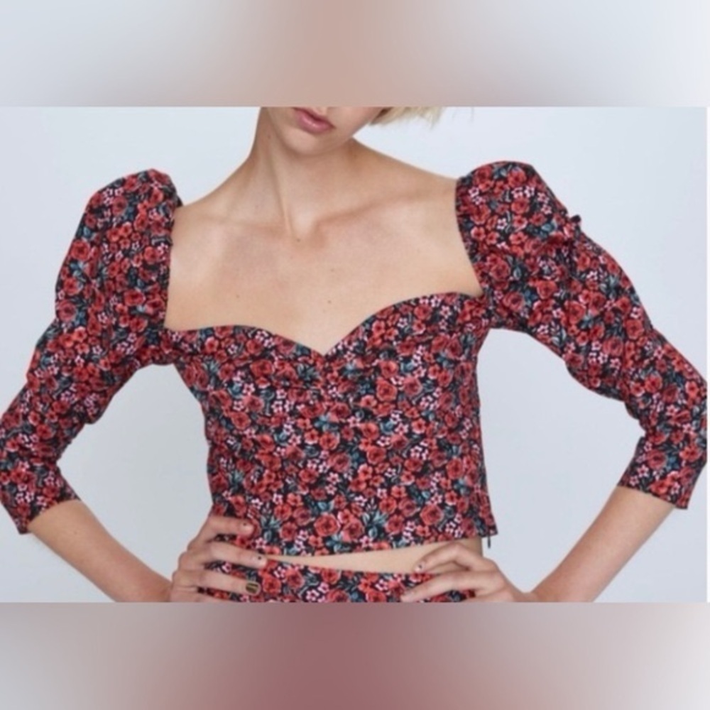 Zara - NWOT Rose Print Smocked Sweetheart Neckline Long Sleeve  Crop Blouse  SM